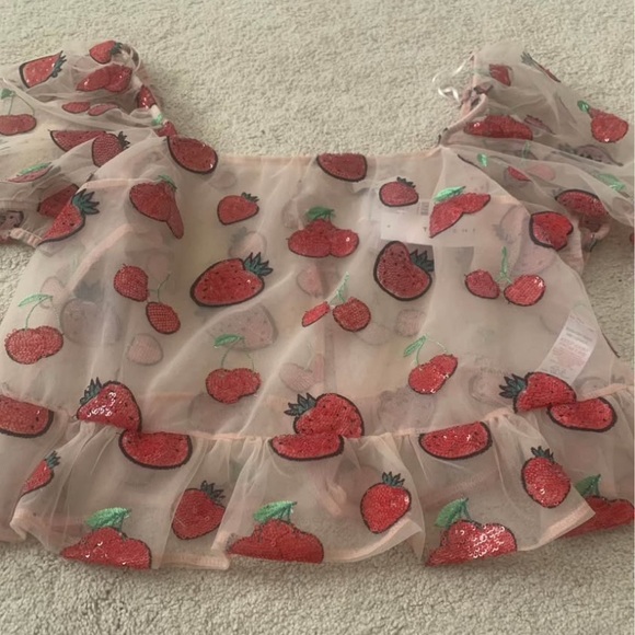 NWT Pink Strawberry & Cherry Sequin Peplum Puff Sleeve Sheer Top - Picture 4 of 6